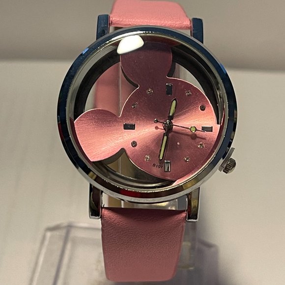Mickey Mouse Hollowed Out Faux Leather Fashion Watch PINK !!!NEW!!! - Picture 2 of 3